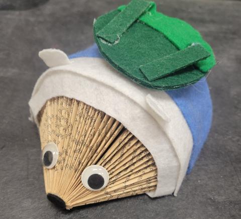 A hedgehog made from a book dressed as Finn from Adventure Time