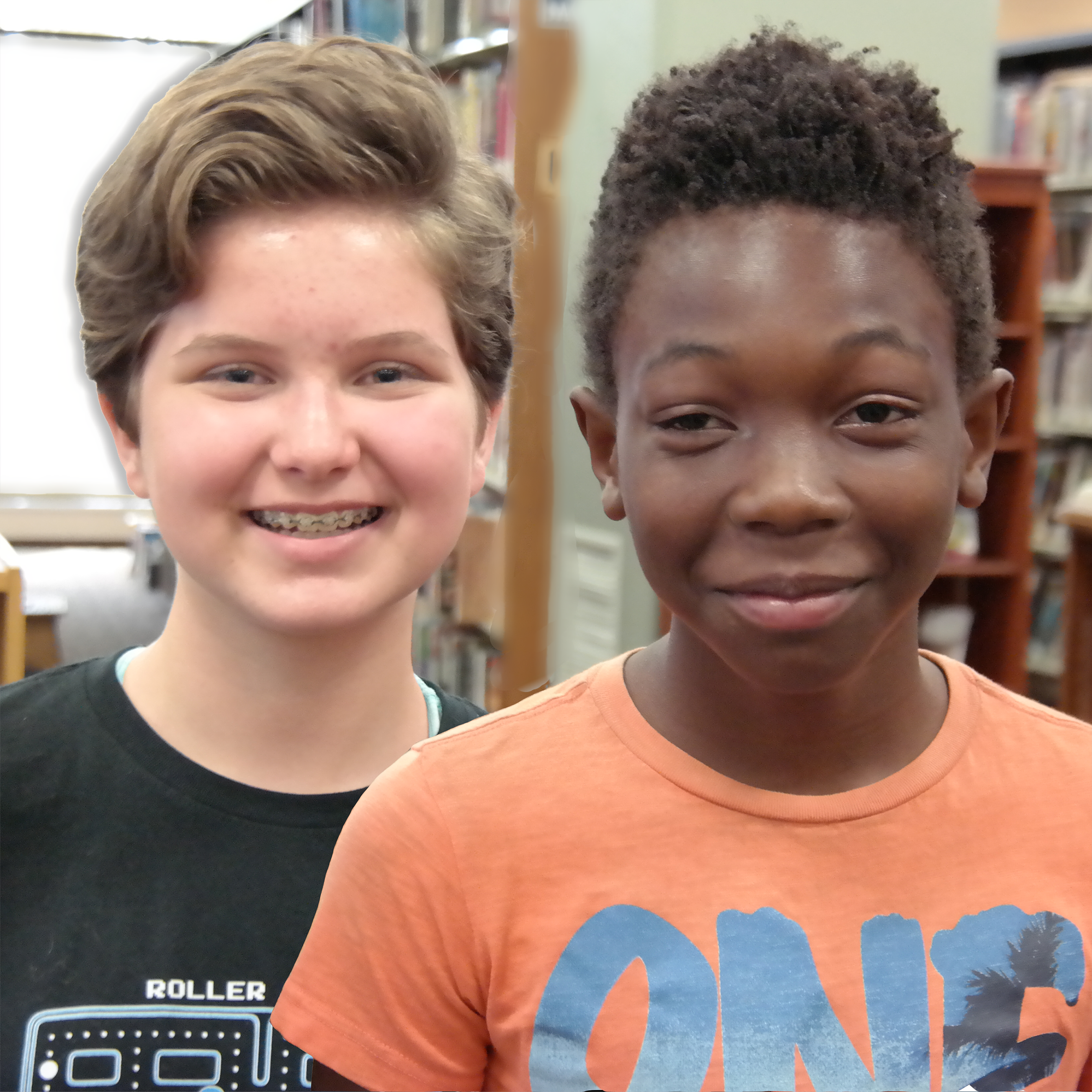 Teens in library stacks